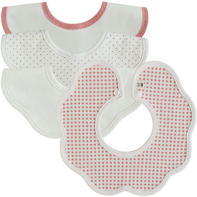 花型棉質圍兜, 粉色格紋+米色+迷你點點+杏米色, 4件, 1組