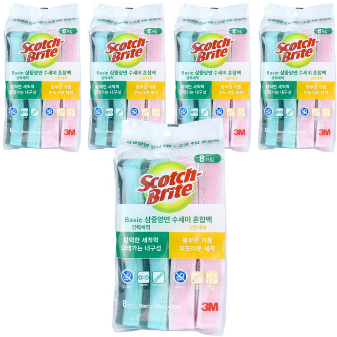 스카치브라이트 삼중양면 스펀지 수세미 혼합팩, 8개입, 5개
