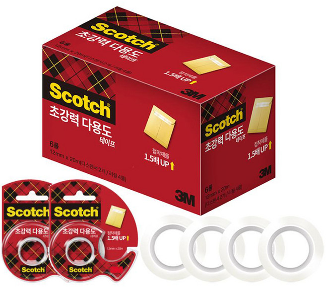 스카치 초강력 다용도 테이프 디스펜서 2개 + 리필 4롤 12mm x 20m, 투명, 1세트