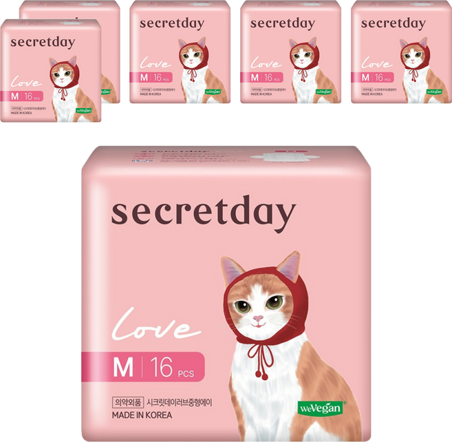 secretday 韓國原裝進口 Love系列 衛生棉 蝶翼型, M(24.5cm), 16片, 6包