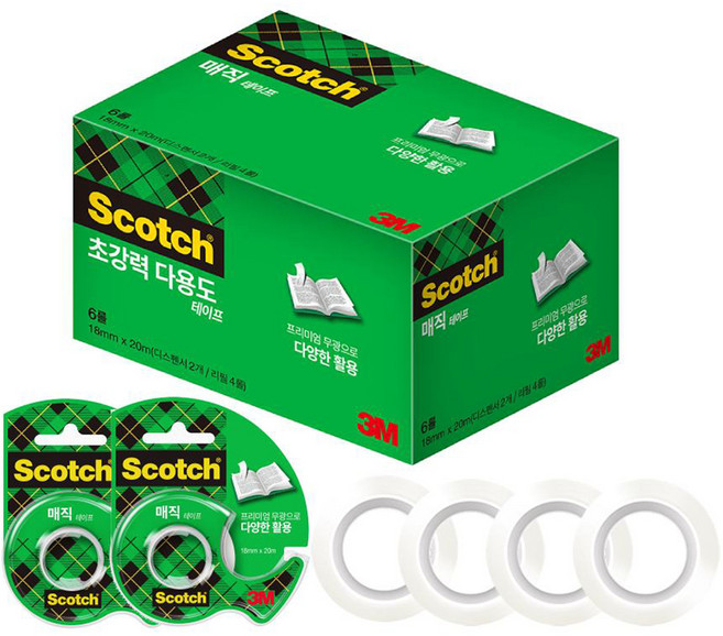 쓰리엠 스카치 매직테이프 디스펜서 2개 + 리필 4롤 18mm x 20m, 반투명, 1세트