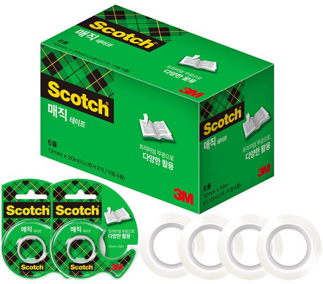 쓰리엠 스카치 매직테이프 디스펜서 2개 + 리필 4롤 12mm x 20m, 반투명, 1세트