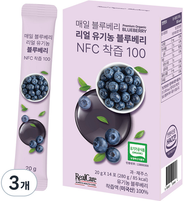 리얼케어 매일 블루베리 리얼 유기농 블루베리 NFC 착즙 100 14p, 280g, 3개