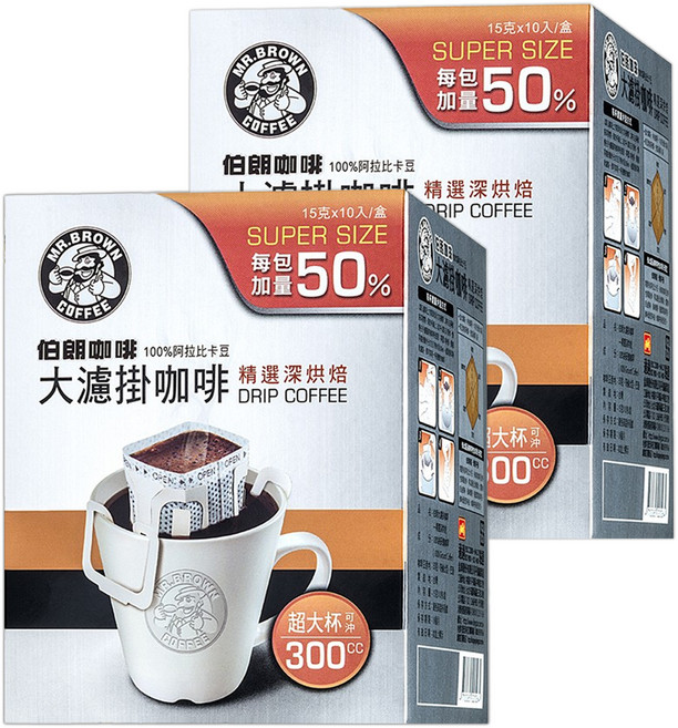 金車 MR.BROWN 伯朗咖啡 大濾掛咖啡 精選深烘焙, 15g, 10包, 2盒