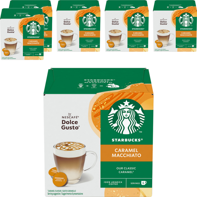 STARBUCKS 星巴克 NESCAFE 雀巢咖啡 Dolce Gusto 多趣酷思 焦糖瑪奇朵咖啡膠囊 咖啡膠囊5.5g 6顆 + 牛奶膠囊15.8g 6顆, 6盒, 21.3g, 12顆