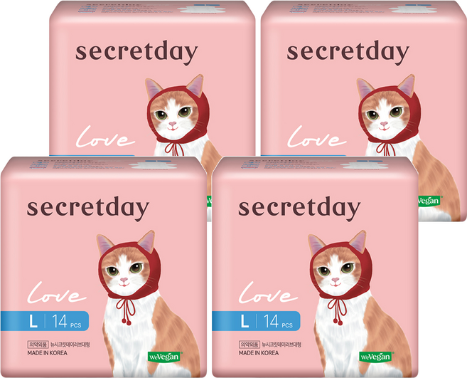 secretday 韓國原裝進口 Love系列 蝶翼衛生棉, L(29cm), 14片, 4包