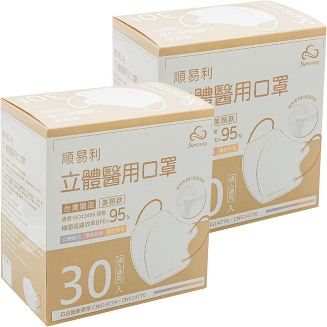 順易利 成人立體醫用口罩 美顏款 M, 莫蘭迪綠, 30片, 2盒