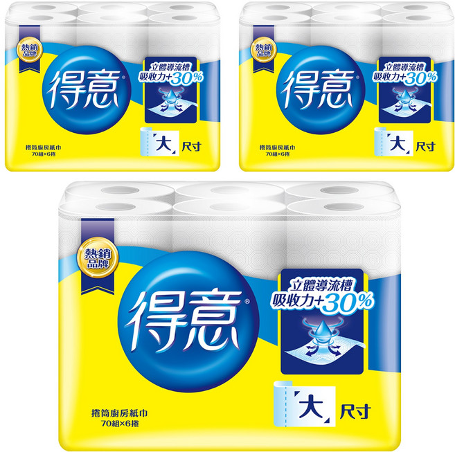 得意 捲筒式廚房紙巾 70張, 6捲, 3袋