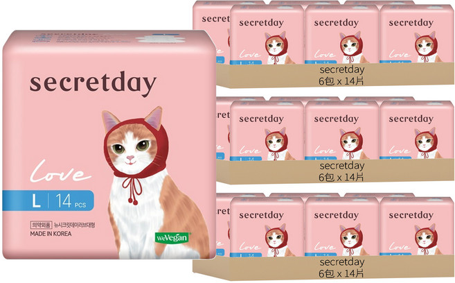 secretday 韓國原裝進口 Love系列 蝶翼衛生棉, L(29cm), 14片, 18包