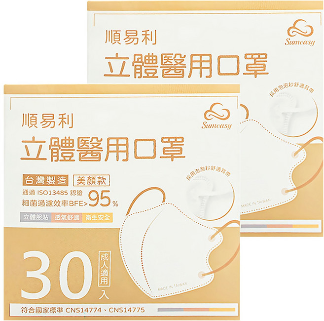 順易利 成人立體醫用口罩 美顏款 M, 玫瑰金, 30片, 2盒