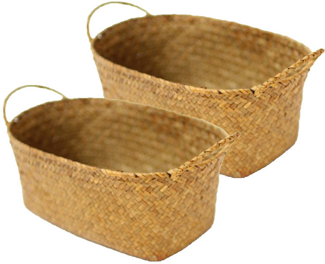 내일의공간 손잡이 원형 라탄 과일 바구니, 네츄럴, 2개