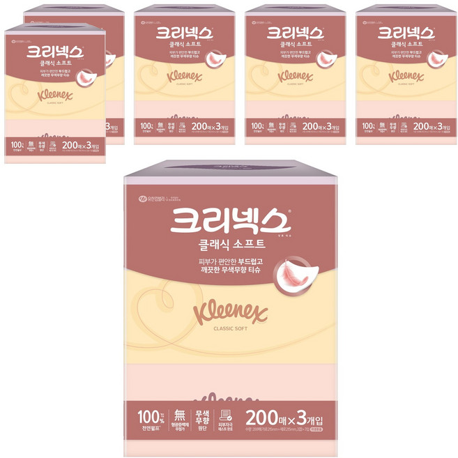 크리넥스 클래식 소프트 천연펄프 미용티슈 2겹, 200매, 18개