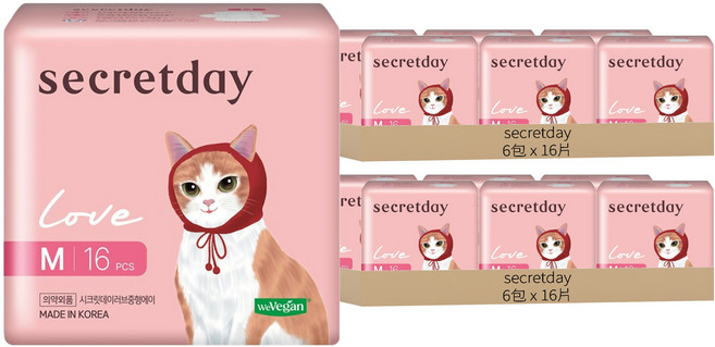 secretday 韓國原裝進口 Love系列 衛生棉 蝶翼型, M(24.5cm), 16片, 12包