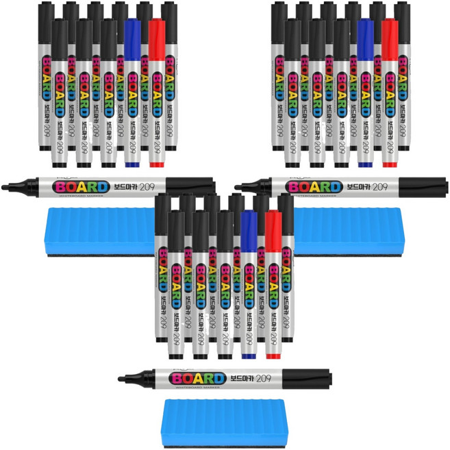 펜맥스 보드마카 209 + 지우개, 검정 + 파랑 + 빨강, 3세트