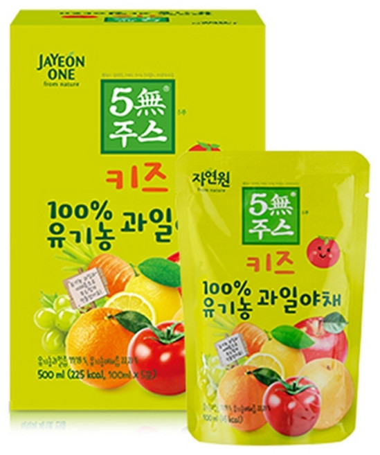 자연원 5무 주스 키즈 100% 유기농 과일야채, 100ml, 5개