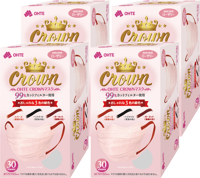 OHTE 新快適 CROWN 成人口罩, 4個, 30片, 淡粉色