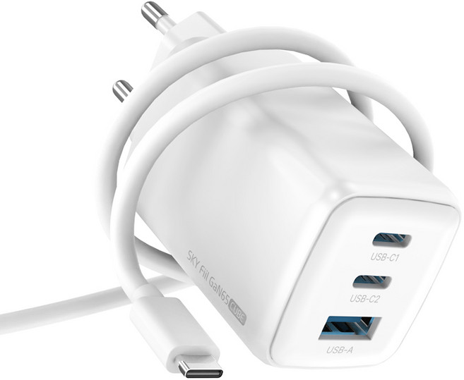 SKY 필 GaN65 큐브 65W 4세대 초미니 3포트 충전기+C to C 60W 1.2m 케이블, 화이트, 1세트
