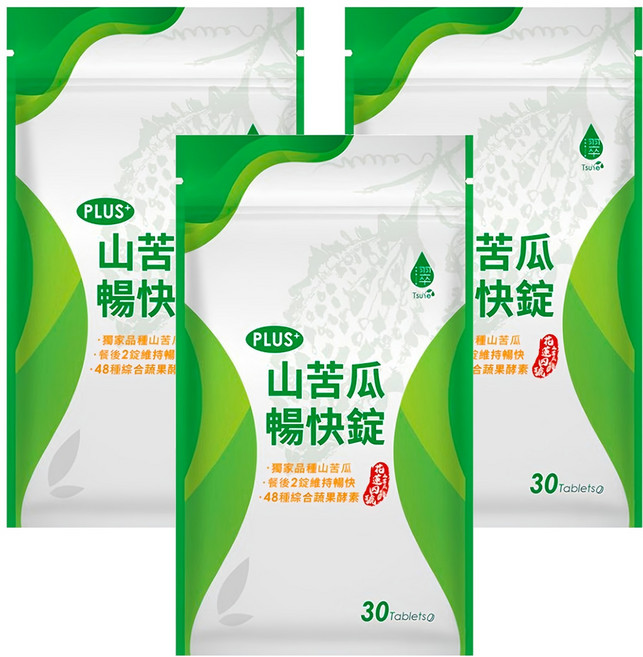 Tsuie 日濢 山苦瓜暢快錠加強版PLUS 48種蔬果酵素 花蓮4號山苦瓜 調整體質、促進新陳代謝 幫助消化排便順暢, 490mg, 30顆, 3包