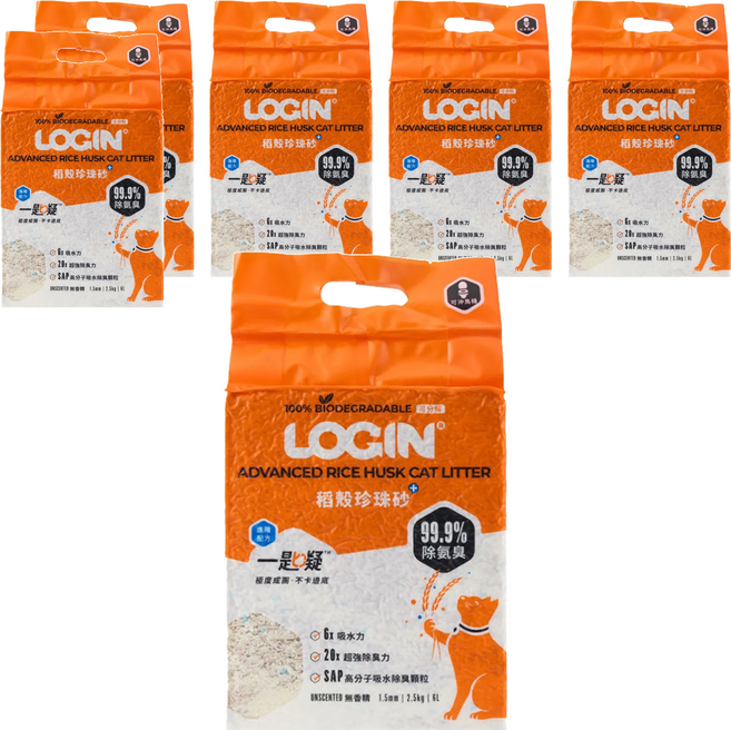 LOGIN 洛格 強效除臭稻殼貓砂 1.5mm, 6袋, 2.5kg, 無香