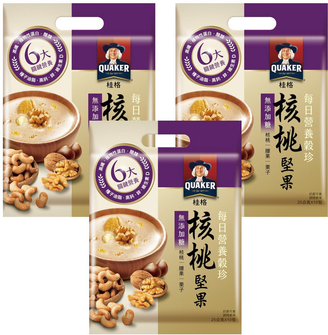 QUAKER 桂格 每日營養穀珍核桃堅果 無添加糖, 25g, 10包, 3袋