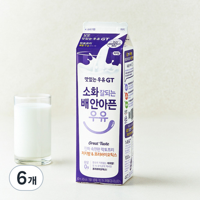 남양유업 맛있는우유GT 소화 잘되는 배 안아픈 저지방 & 프리바이오틱스 우유, 900ml, 6개