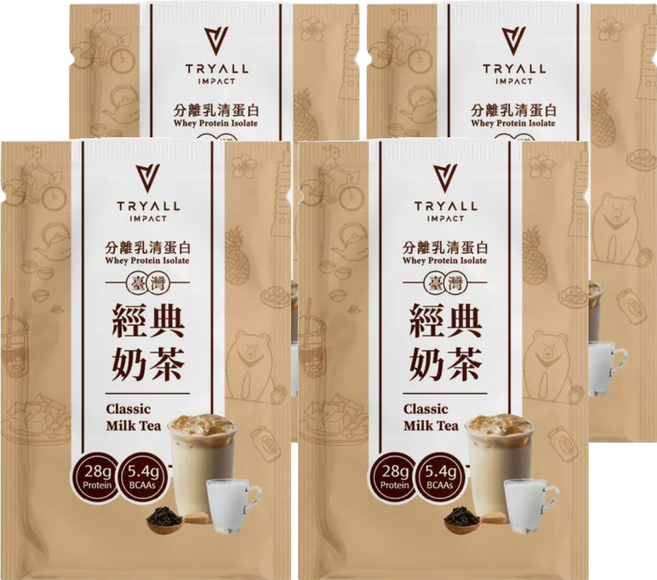 TRYALL 全分離乳清蛋白 經典奶茶 每包含有28g蛋白質 添加必需氨基酸BCAA, 35g, 4包