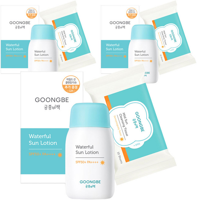 궁중비책 워터풀 선로션 SPF50+ PA++++ + 마일드 선 클렌징 티슈 세트, 80g, 3개