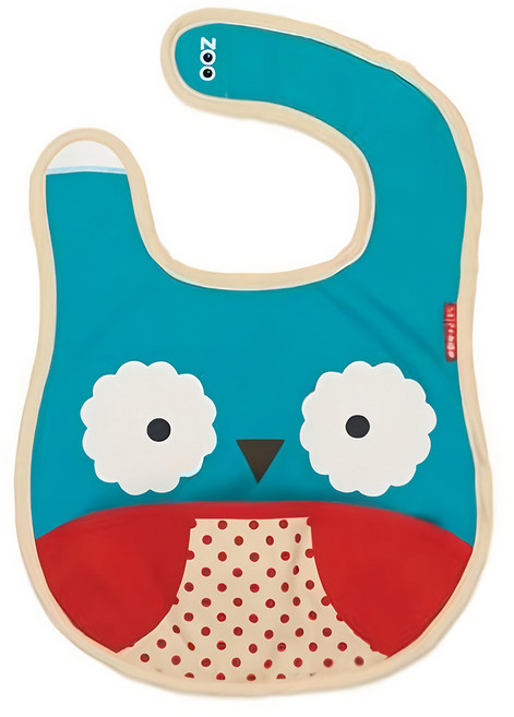 SKIP HOP 動物園系列 Tuck-Away 圍兜 6 個月以上適用 防水耐用材質 可拆卸食物口袋 不含 BPA、PVC、鄰苯二甲酸酯, 貓頭鷹 藍色, 1件, 1件