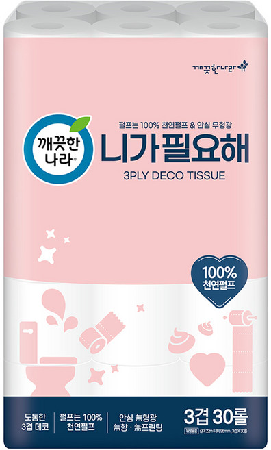 깨끗한나라 니가 필요해 천연펄프 3겹 고급롤화장지, 22m, 30개입, 1개