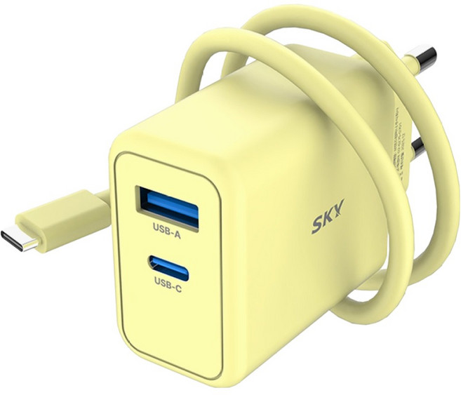 스카이 필 GaN 25W 초고속 충전기 + USB C to C 40W 충전 케이블, 옐로우, 1세트