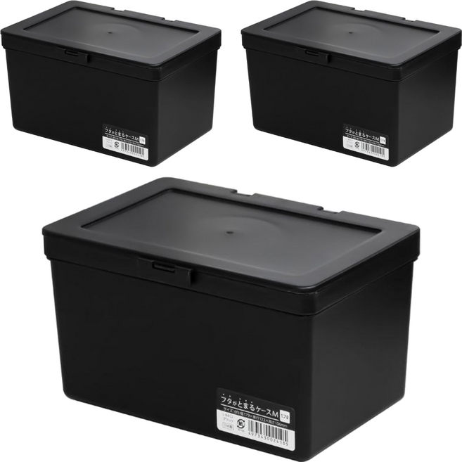 Sanada Seiko 掀蓋小物收納盒 L8452 M(179 x 123 x 106mm), 黑色, 3個