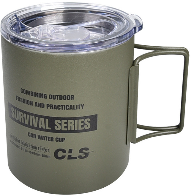 CLS 摺疊304不鏽鋼雙層杯 附杯蓋 320ml, 軍綠色, 1個