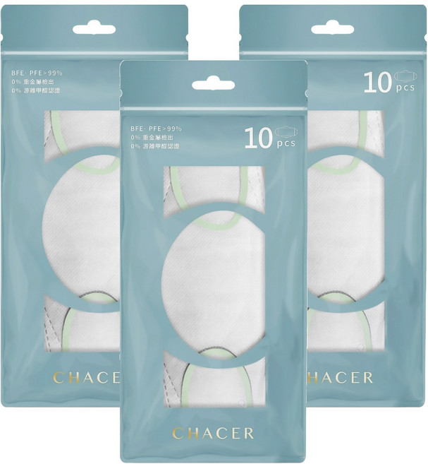 CHACER 佳和口罩 成人4D立體醫用口罩, 羅勒綠白, 10片, 3包