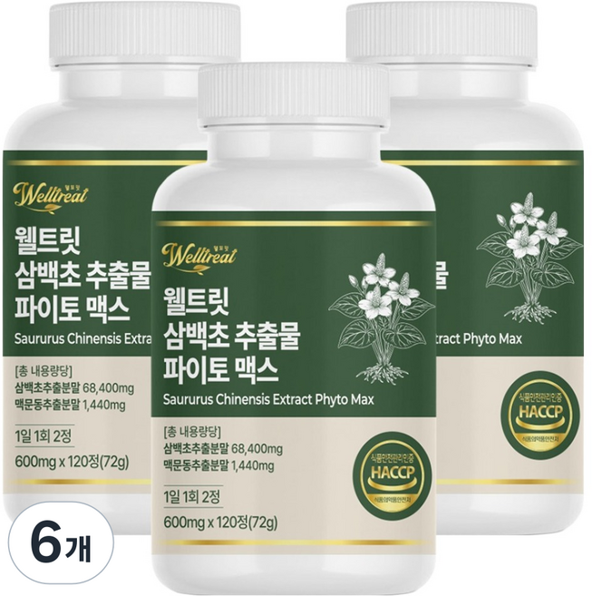 웰트릿 삼백초 맥문동 추출물 파이토 맥스, 120정, 72g, 6개