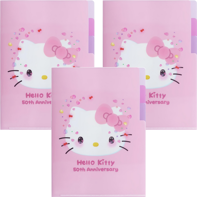 sun-star Hello Kitty 50週年 L型A5三夾層資料夾 155 x 1 x 220mm 24g, 粉嫩腮紅, 3個