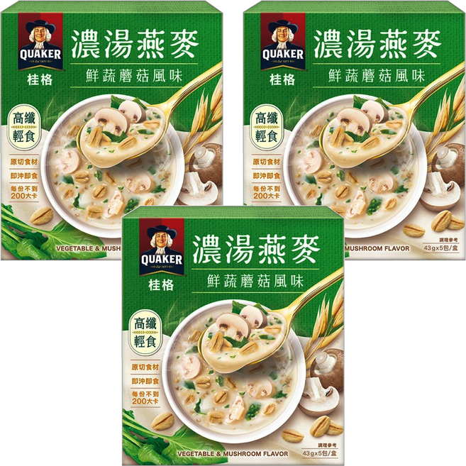 QUAKER 桂格 濃湯燕麥 鮮蔬蘑菇風味 5包入, 215g, 3盒