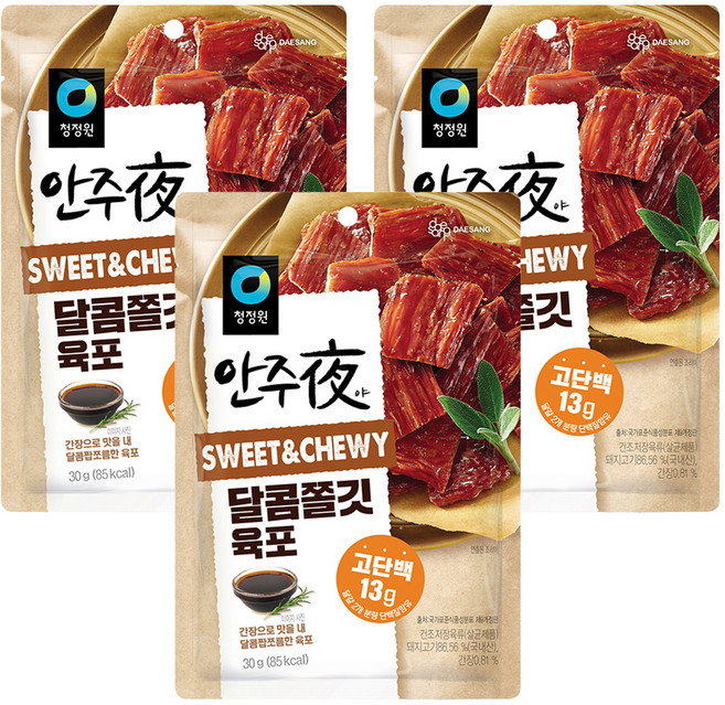 청정원 바로 eat 안주夜 달콤쫄깃 육포, 30g, 3개