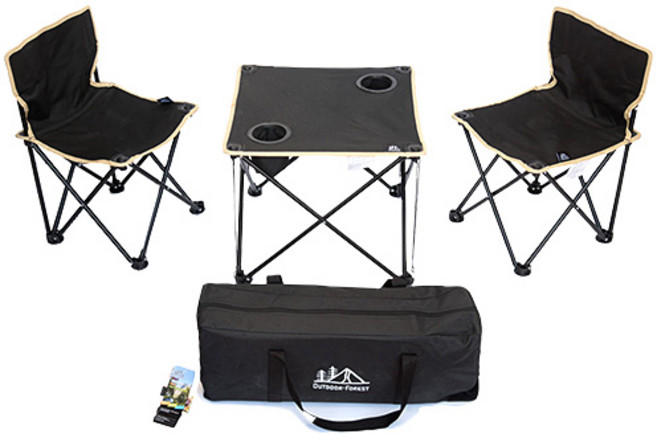 아웃도어포레스트 접이식 캠핑 의자 + 테이블 2인용 콤보세트, 블랙