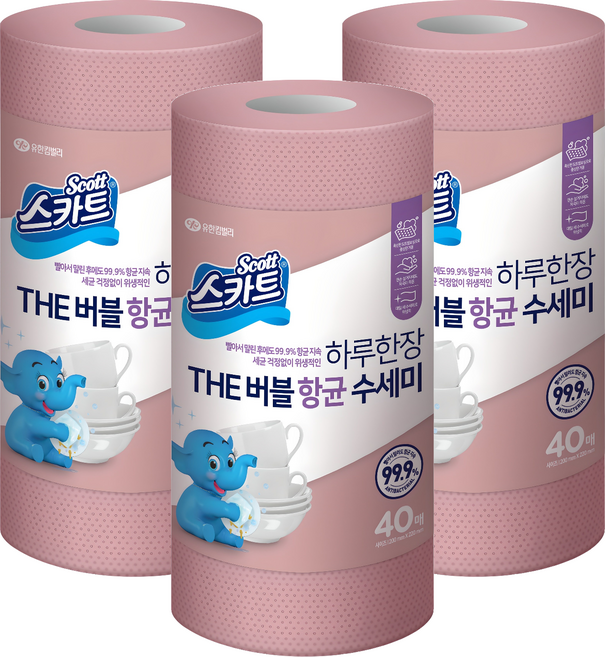스카트 하루한장 THE 버블 항균 수세미, 로즈핑크, 40개입, 3개