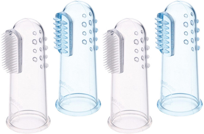 PiYOPiYO 黃色小鴨 舒適按摩乳牙刷組 清潔牙齒牙齦舌苔 柔軟刷毛 雙面設計 指套設計, 藍色+透明, 2入, 2組