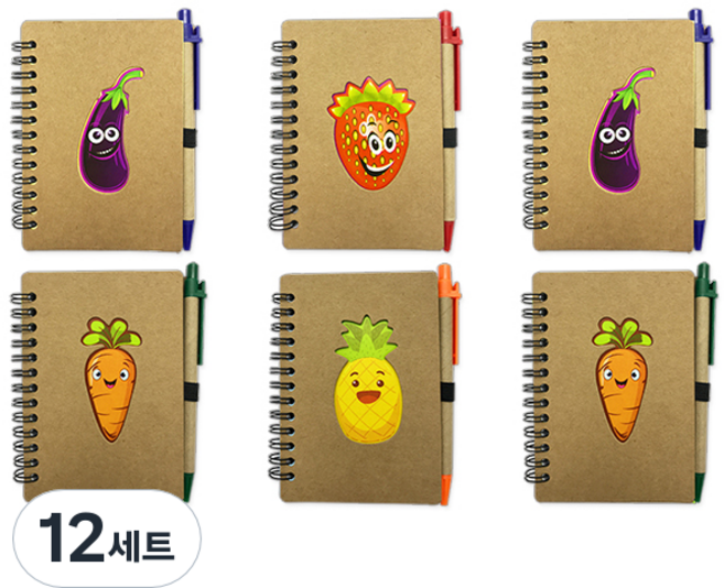 블루마토 과일채소 유선 스프링수첩 70매 + 볼펜세트 중형 SNP002, 랜덤 발송(수첩), 검정(볼펜), 12세트