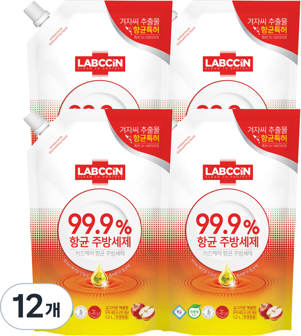 랩신 항균 주방세제 파우치 싱그러운 애플향, 12개, 1.2L