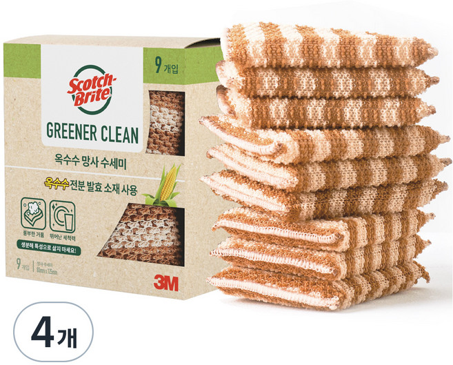 스카치브라이트 3M 내츄럴 옥수수 망사 수세미, 9개입, 4개