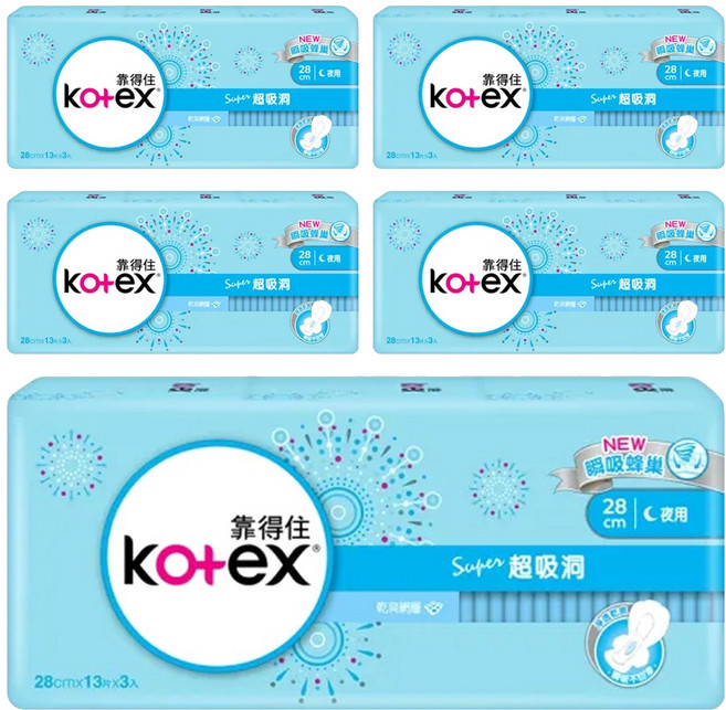 Kotex 靠得住 超吸洞 夜用超薄衛生棉 護翼型, 28cm, 39片, 5包