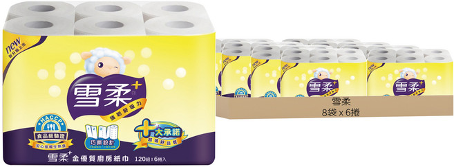 雪柔 金優質廚房紙巾 120張, 6捲, 8袋