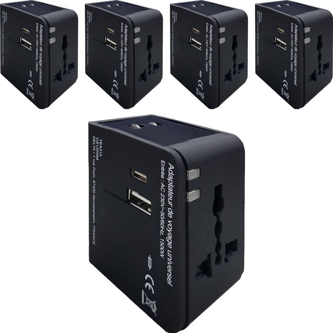 好米 多國旅行充電器 USB接口 + Type-C接口, 黑色, 5個, 55mm