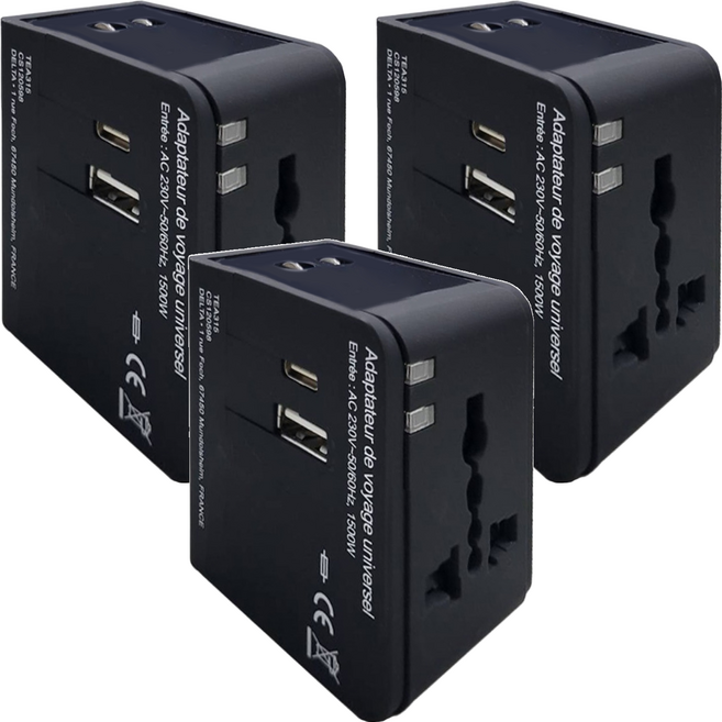 好米 多國旅行充電器 USB接口 + Type-C接口, 黑色, 3個, 55mm