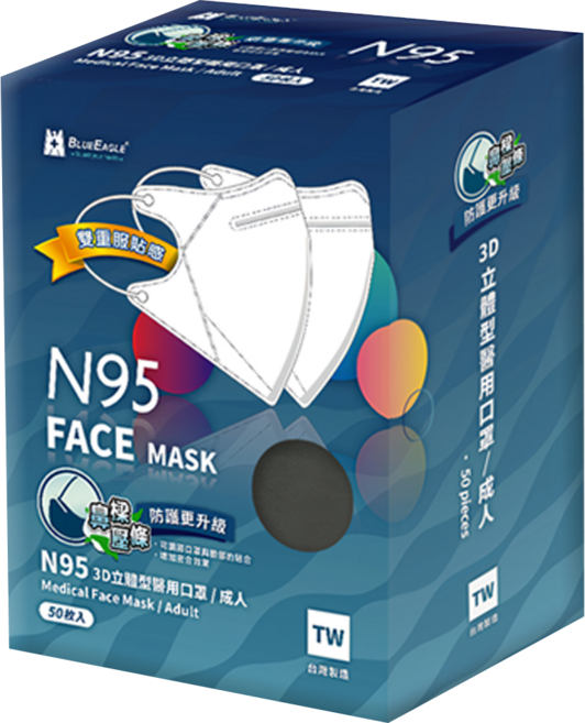 BLUE EAGLE 藍鷹牌 成人N95立體型醫用口罩 鼻樑壓條款, 霧灰色, 50片, 1盒