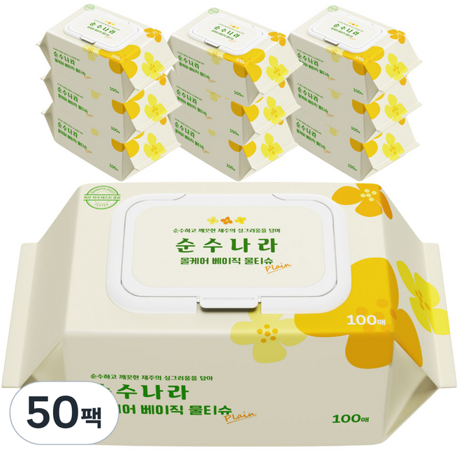 순수나라 올케어 베이직 물티슈 캡형, 혼합색상, 50개, 40g, 100매