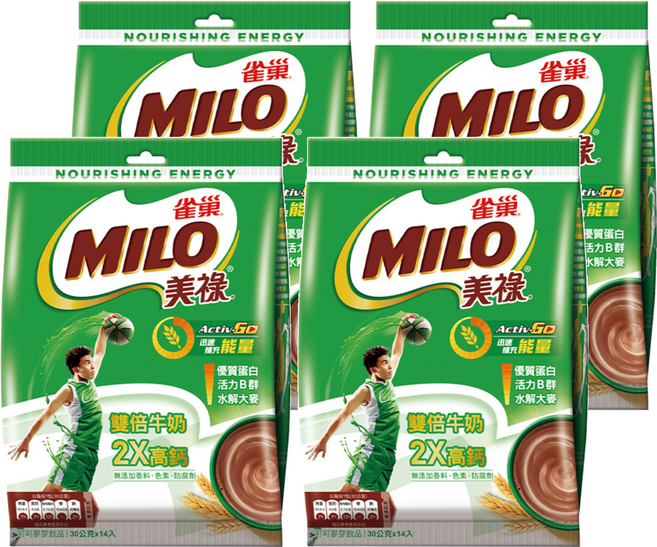 MILO 美祿 雙倍牛奶2X高鈣 可可麥芽飲品, 30g, 14包, 4袋